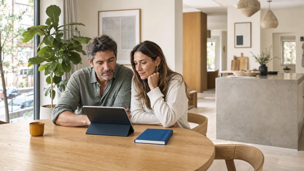 Pareja conversando con una tableta en una vivienda reformada, luminosa y ordenada