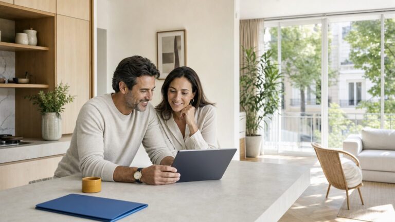 Pareja en una cocina luminosa revisando una tableta con gesto tranquilo y una carpeta azul sobre la isla.