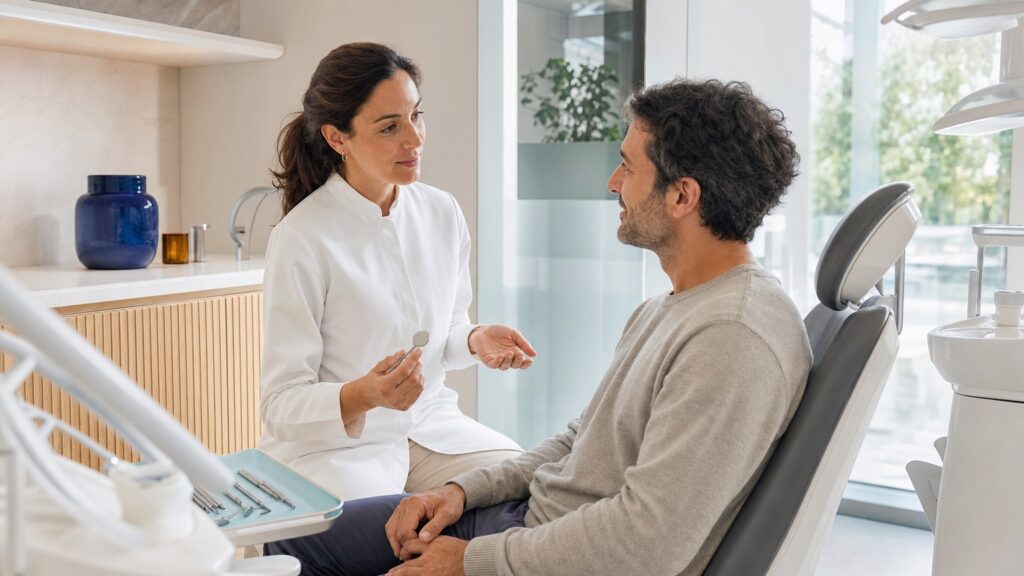 Dentista y paciente conversan tranquilamente en una consulta dental moderna y luminosa