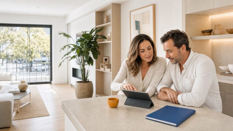 Pareja en una cocina luminosa revisando una tableta junto a una carpeta azul