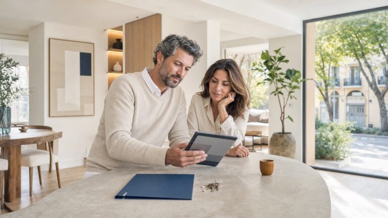 Pareja revisando opciones en una cocina abierta luminosa de una vivienda reformada